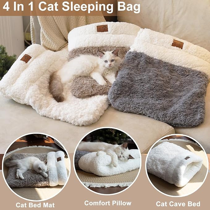 Cat Sleeping Bag 4 in 1 Cute Self Warming Cat Bed Cave with Plush Portable Snuggle Sack/Hideway for Indoor Cats & Small Pets Grey 21×17 Inch