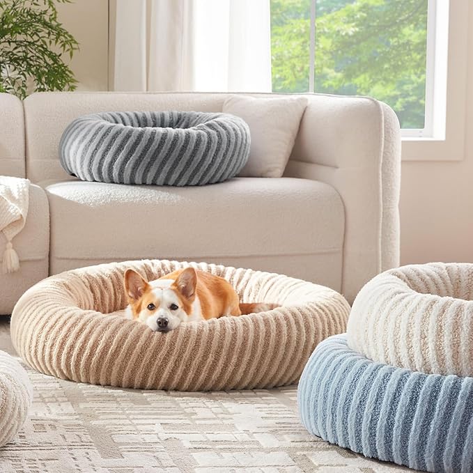 MIXJOY Dog Beds for Small Dogs, Washable Dog Bed with Removable Cover, Small Cat Bed for Indoor Cats, Calming Soft Dount Pet Beds with Anti Slip Bottom, Cute Puppy Beds, 23"x23"x8", Beige
