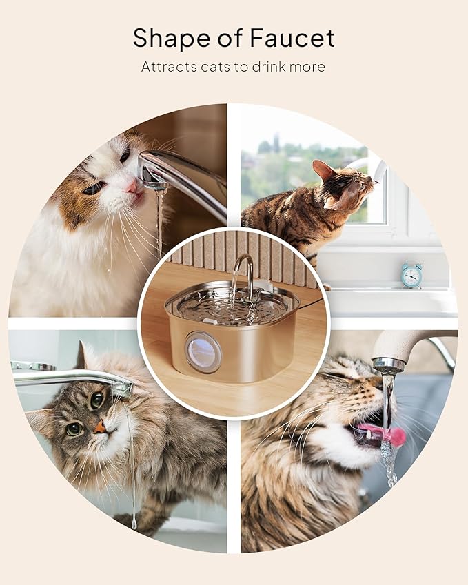 PEKTACO Cat Water Fountain, Pet Water Fountain for Cats/Dogs Indoor, Stainless Steel Cat Drinking Fountains with Water Level Window and 6 Filters + 6 Sponges(3.2L/108oz)