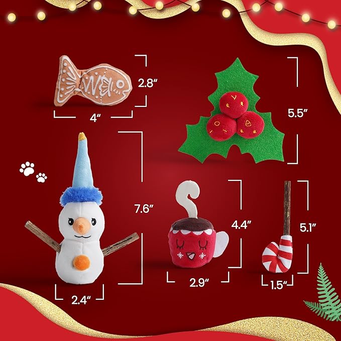 Christmas Cat Toys - 5PCS Catnip Toys for Cats Christmas Theme, Cat Chew Toy with Silvervine Sticks for Cats Health, Durable Fleece Material Snowman, Gingerbread, Cane, Coffee, Holly Berry