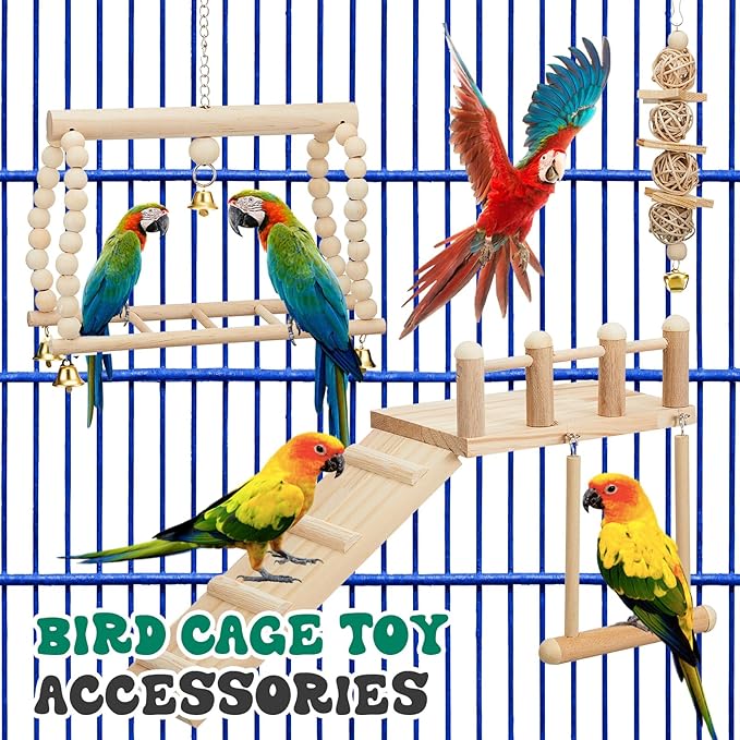 10 Pcs Parrot Swing Toys and Bird Perches Platform with Climbing Ladder Chewing Standing Hanging Parakeet Toys Bird Cage Accessories for Budgerigar Conure Cockatiel Finches Lovebirds