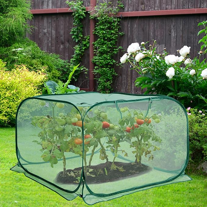 35" x 35" x 27.5" Pop Up Mesh Plant Cover, Foldable Plant Protector Mesh Plant Enclosure, Garden Net Cage Guard Cover with 4 Ground Stakes for Protecting Plant Vegetable Fruit from Birds Insects