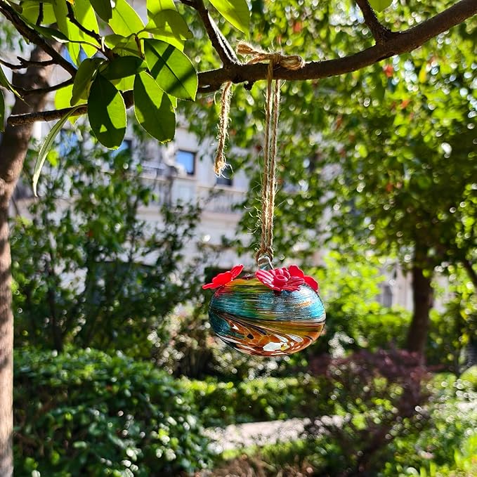 Small Glass Hummingbird Feeders for Outdoors Hanging - Hand Blown Glass Ball Nectar Feeding, Multi Color with 3 Flowers Feeding Ports, Decor for Garden/Backyard Outside