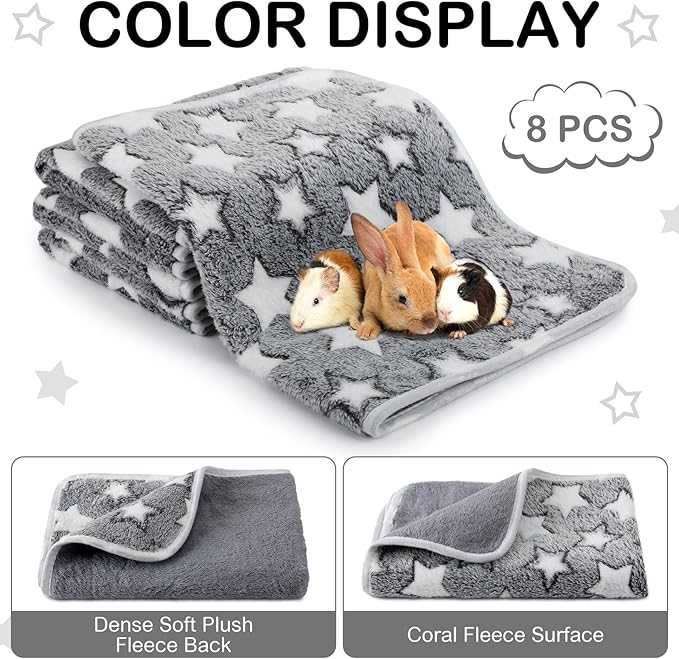 Tudomro 8 Pcs Guinea Pig Bedding Cage Liners Bulk Blankets Small Animal Flannel Throw Bedding Waterproof Absorbent Reusable Pet Pee Sleep Mat Pad Cover for Hamster Ferret(Grey Star,12 x 12 Inch)