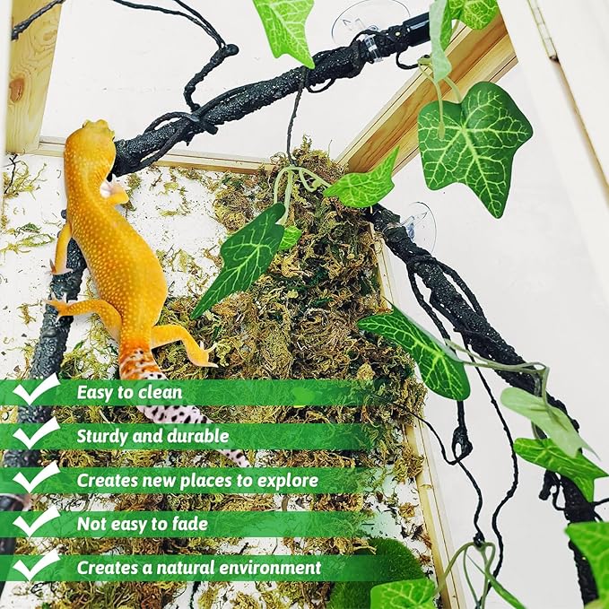 PINVNBY Reptile Corner Branch,2 PCS Flexible Jungle Climbing Vine with Suction Cup Terrarium Plant Decoration for Amphibian Dragons, Snake,Frogs, Chameleons(Green)