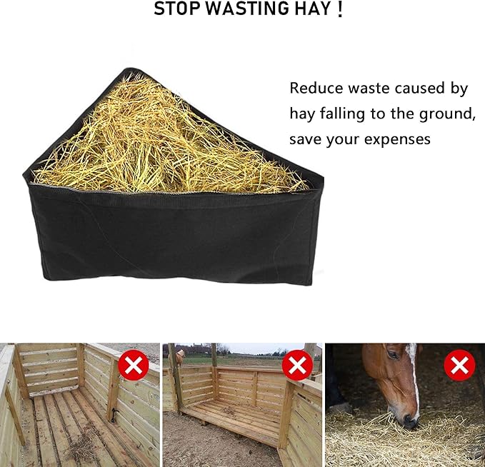 Asooll Horses Corner Feeder Deep Corner Hay Bag Goats Large Capacity Hay Feed Bags with Mesh Bottom and Snaps for Horse Trailer Stall,Black