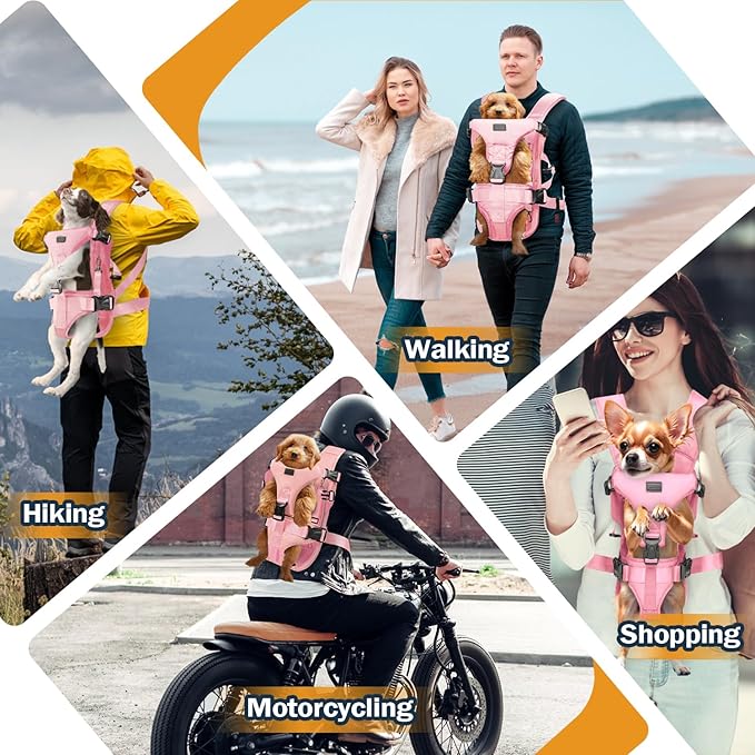 Pet Dog Front Carrier Backpacks, Legs Out Secure-Fit Dog Front Carrier for Small Dogs Up to 17 lbs, Adjustable Hands Free Pet Chest Carrier for Hiking Cycling (M, Pink)