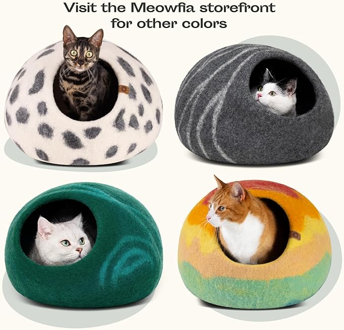 MEOWFIA Cat Cave – Premium Felt Cat Bed for Indoor Cats, Handmade 100% Merino Wool, Cat (Large, Black Aqua) (Pack of 2)