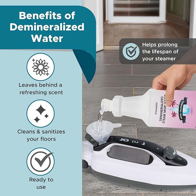 Steam & Go Deminerilized Water - Multi-Surface Cleaner for Steam Cleaners, Hardwood Floors, Kitchens, & Bathrooms - Germ-Killing Formula - Hotel California Scent - 32 Ounces (Pack of 6)