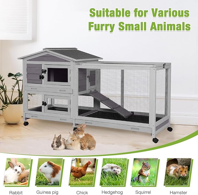 Gutinneen 2-Story Rabbit Hutch Indoor Large Bunny Cage with Chew-Proof Ramp - Wooden Rabbit Cage Outdoor with 6 Lockable Caster Wheels & Dual Pull-Out Trays for Rabbits, 62"L x 22.6"W x 33.5"H (Grey)