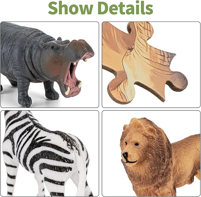 Safari Animals Figures Toys,12PCS Realistic Wild Zoo Animal Figurines Sensory Toys Plastic African Jungle Animals Playset and 108PCS 29.5'' Jungle Jigsaw Puzzles Toy for Kids Toddlers