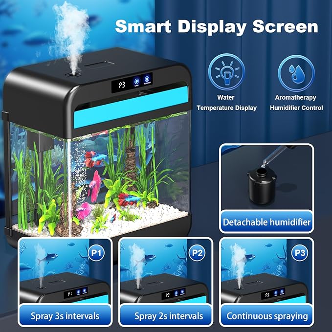 Fish Tank 2.2 Gallon Fish Bowl with Humidifier 7 Color Auto-Looping Light Aquarium Tank with 3 in 1 Silent Pump with Filteration & Oxygenation & Circulation(Black-2.2 Gallon)