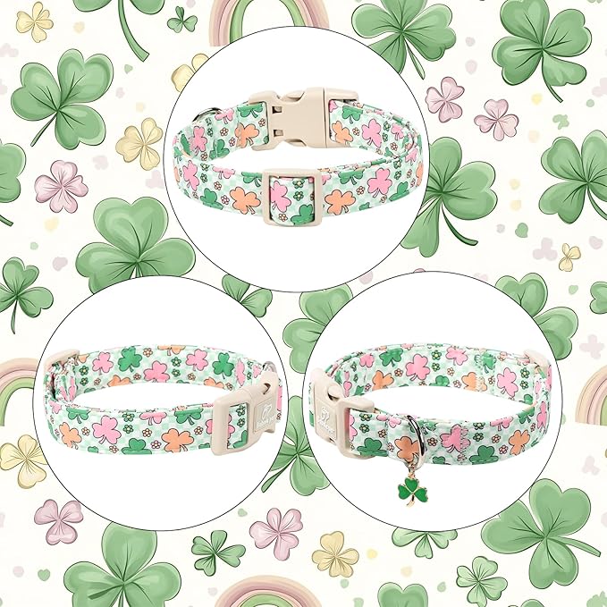 St Patricks Day Dog Collar for Large Dogs - Cute Pastel Lucky Clover Dog Collars, Lightweight Adjustable Irish Green Festival Dogs Collars with Quick Release Buckle L