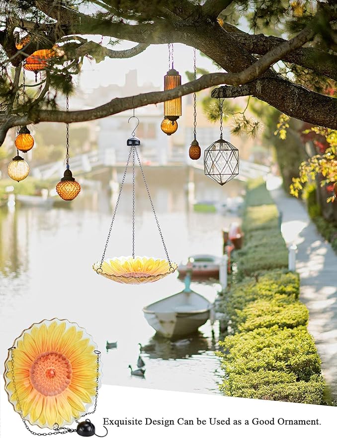MUMTOP Hanging Bird Bath Outdoor, Sunflower Glass BirdBaths & Birdfeeder with Water Ripple Rim 11 Inch for Garden Yard Patio Decor