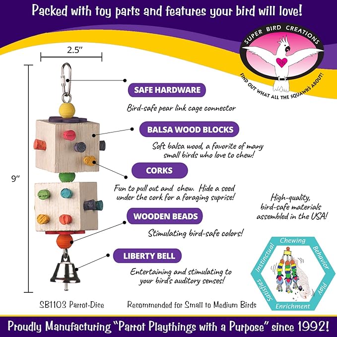 Super Bird Creations SB1103 Parrot-Dice Bird Toy, Medium Bird Size, 9" x 2.5" x 2.5"