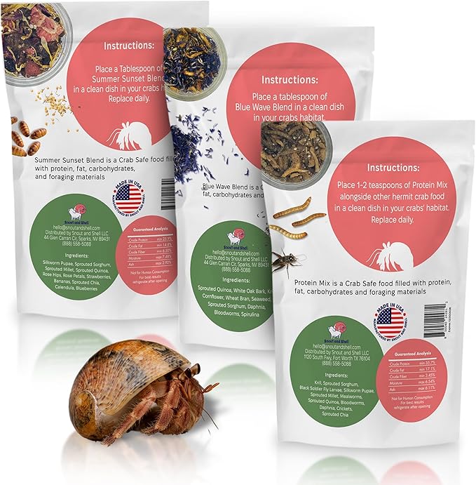 Snout and Shell Hermit Crab Food Variety Pack – Blue Waves, Protein Mix & Summer Sunset – High-Protein Whole Food Diet with Seafood, Seeds, Fruits & Flowers – Natural Foraging Blend for Healthy Crabs