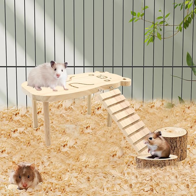 Hamster Wooden Platform with Legs Small Animal Climbing Ladder Standing Rat Guinea Perch Chew Toy Cage Accessories (Platform-Pig)
