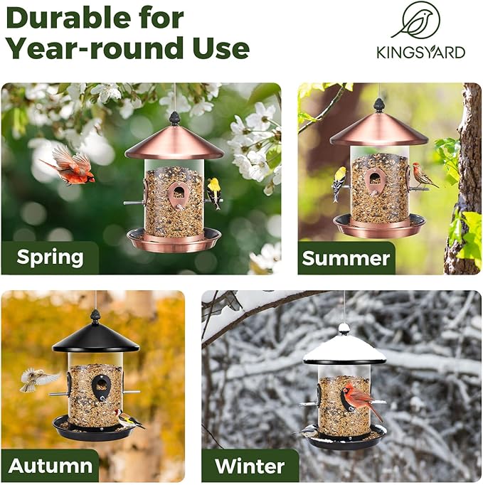 Kingsyard 4.5 lbs Large Metal Bird Feeders for Outdoors Hanging with 8 Ports, Tube Bird Feeder with Seed Tray, Weatherproof Squirrel Proof Roof for Cardinal Finch, Copper