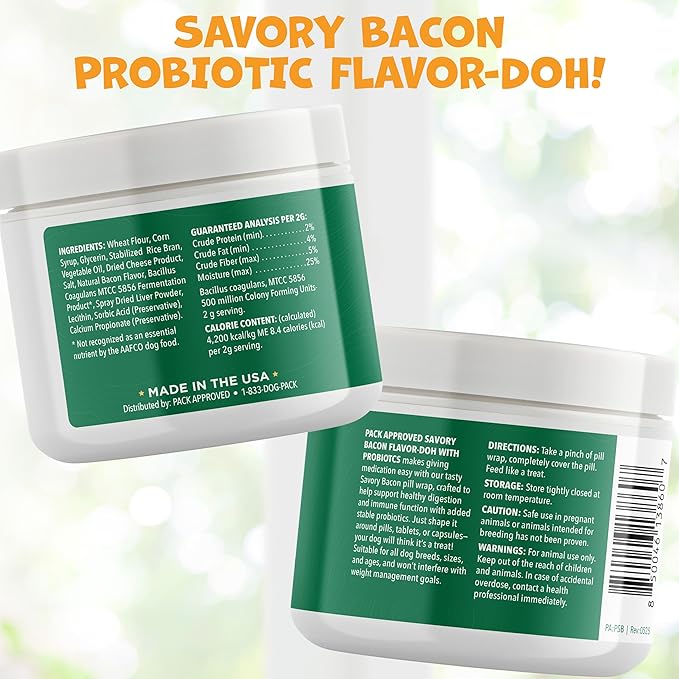 Flavor-Doh with Dog Probiotics - Flavored Pill Wrap for Dogs to Hide Capsules and Shape into Pill Pocket Treats for Dogs - Easy-to-Use Treat Paste for Pet Medicine - Savory Bacon (4.2oz)
