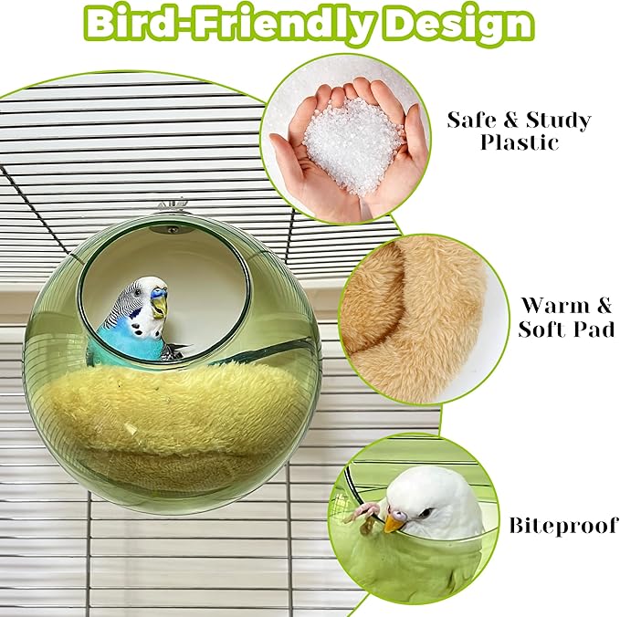 Bird Nest for Cage Bite-Resistant, Washable Clear Observation Small Bird House Hanging, Warm Birds Bed Plush Hut, Parakeet Nest to Lay Eggs Breeding Sleeping for Budgie Lovebird Canary (Green, Clear)