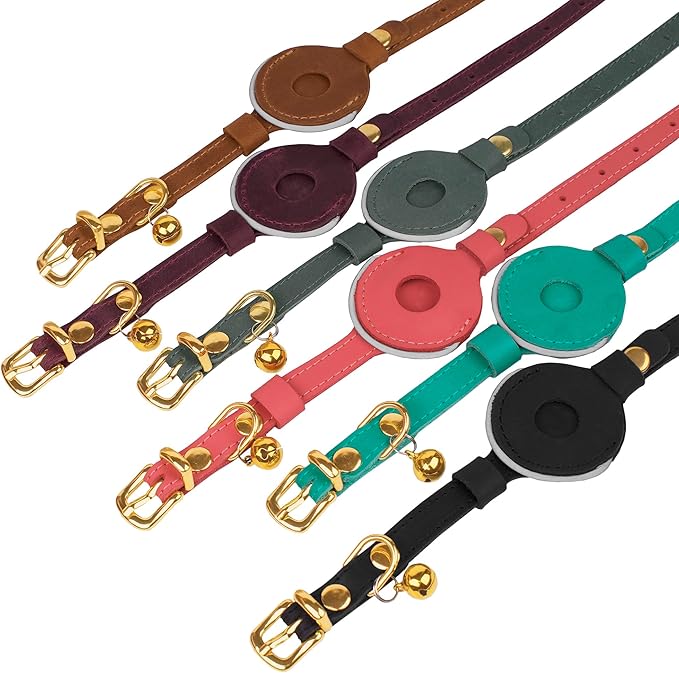 OOPSDOGGY Reflective Leather AirTag Cat Collar with Bell - Non Breakaway Adjustable Pet Collar with Apple Air Tag Holder - Lightweight GPS Kitten Collars for Small Dogs Puppy (Burgundy)