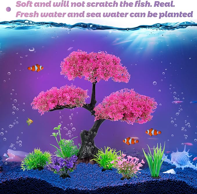 Ameliade Aquarium Artificial Plastic Plants Decoration, Pink Cherry Blossom Tree Aquarium Decor Set, Goldfish Betta Fish Tank Decorations Hides Accessories(Pink