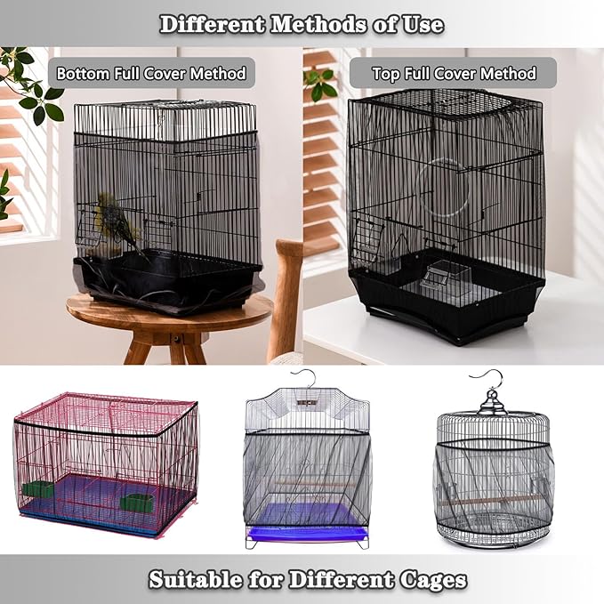 Bird Cage Seed Catcher - Adjustable Netting Cover Guard Skirt for Parrot Parakeet Macaw Round Square Cages - Black