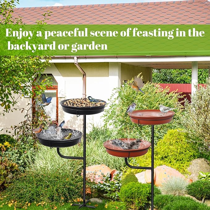 Freestanding Birdbaths Bowl Outdoor, Standing Garden Bird Bath Bird Feeder & Bird Bath Bowl, Detachable Decoration Spa Birdfeeder for Garden Patio Yard Lawn, 4 Spiky Metal Stake (Brown)