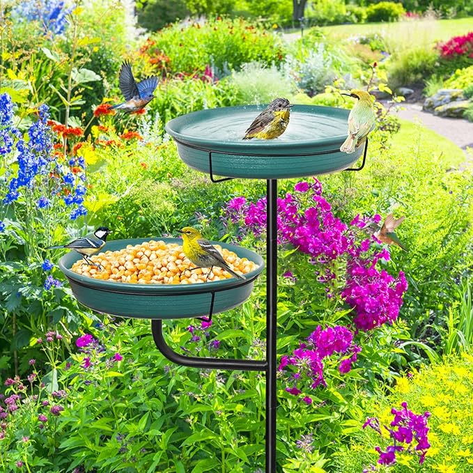 Freestanding Birdbaths Bowl Outdoor, Free Standing Garden Bird Bath Bird Feeder & Bird Bath Bowl, Detachable Decoration Spa Birdfeeder for Garden Patio Yard Lawn, 4 Spiky Metal Stake (Green 2)