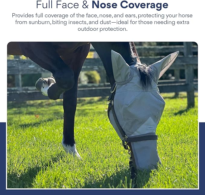 Horse Fly Mask with Nose Cover and Ears - 95% UV Eye Protection - Built-in Visor - Breathable, Lightweight Mask - Adjustable Fit for Comfort Horse Medium/Large Size