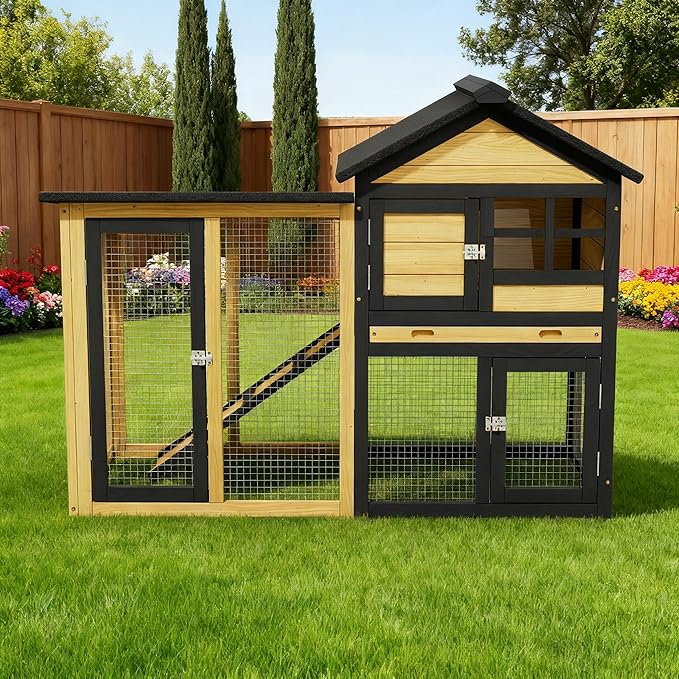 Chicken Coop, Chicken Run,Small Wooden Duck Coop Outdoor 2-Tier Hen House All Weather Used Poultry Quail Cage Rabbit Pet Hutch House with Ramp for Small Animals (Yellow Black)