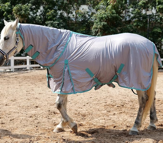 Horse Fly Sheet with Detachable Neck Cover & Belly Wrap, Adjustable Fly Sheet for Horses, Ventilated Airflow Mesh Equine Cooling Summer Flysheet Grey 69
