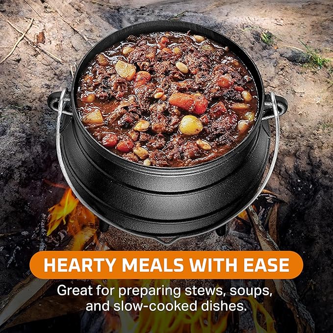 Bruntmor 8-Quart Pre-Seasoned Cast Iron Cauldron - African Potjie Pot with Lid - 3-Legged Pot for Even Heat Distribution - Outdoor Cast Iron Dutch Oven Cookware for Campfire Cooking and Boiling