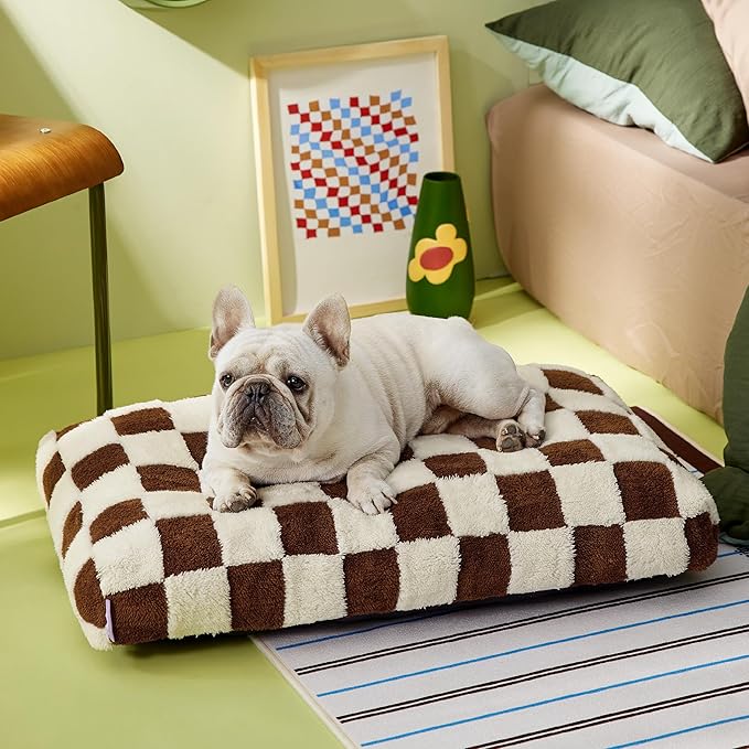 LE SURE Dog Beds Medium Size-Thick Shredded Chopped Foam Pet Bed Indoor with Removable Cover, Cute Modern Fuzzy Plush & Anti Slip Bottom, Brown