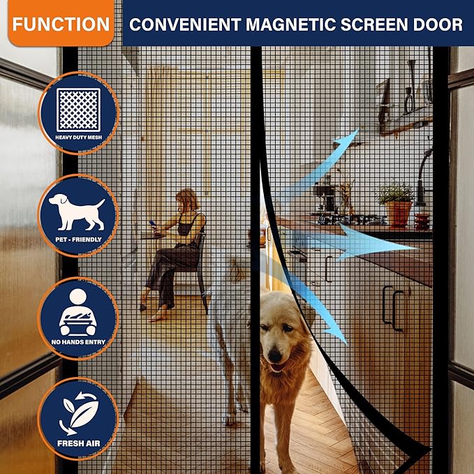 Magnetic Screen Door,Fiberglass Screen Door Mesh,Keep Bugs Out, Heavy-Duty Mesh Curtain,Pet and Kid Friendly, Works with Front Doors, Sliding Doors(32x80 Inch Fiberglass