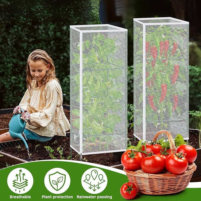 3 Pack 59"x18" Bird Netting Plant Cover for Garden Square Tomato Cages Protection,Insect Bird Barrier Garden Plant Netting Tomato Trellis Protective Cover with Zipper & Drawstring