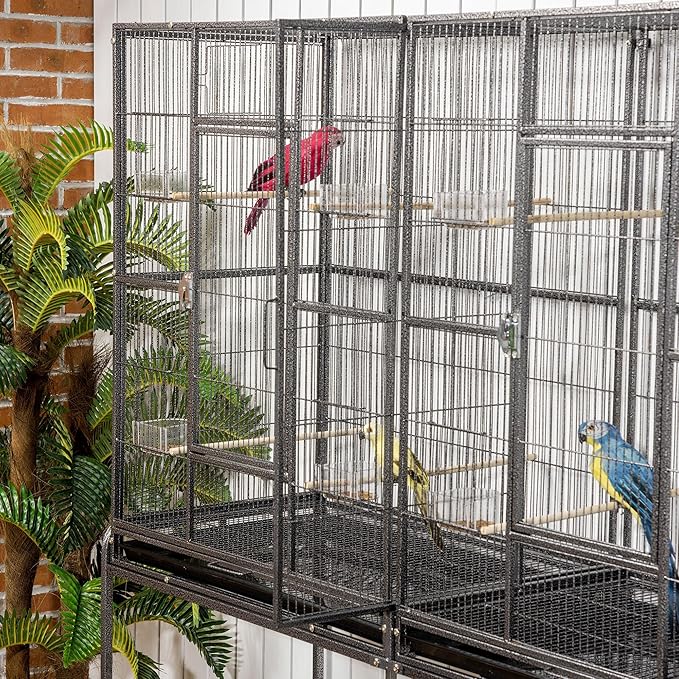 PawHut 65" Double Rolling Metal Bird Cage with Divider, Large Parrot Cage for Parakeet, Canaries, Lovebirds, Budgie, Finch, with Detachable Rolling Stand, Storage Shelf, Wood Perch & Food Container