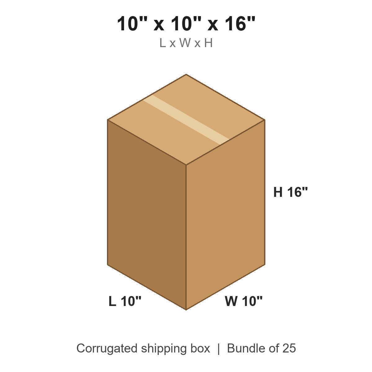 10x10x16 Corrugated Shipping Boxes (10 x 10 x 16 in), Bundle of 25