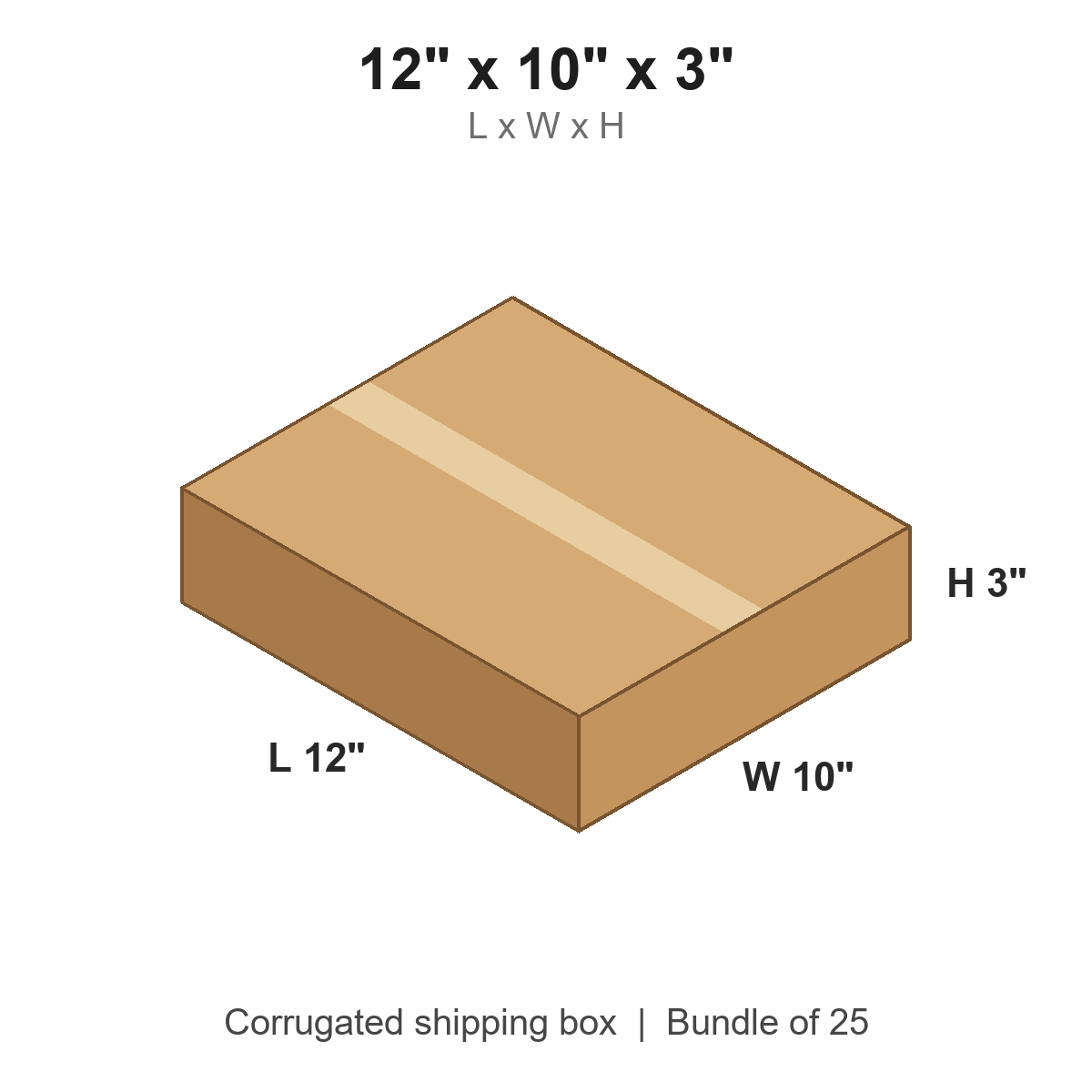 12x10x3 Flat Corrugated Shipping Boxes (12 x 10 x 3 in), Bundle of 25