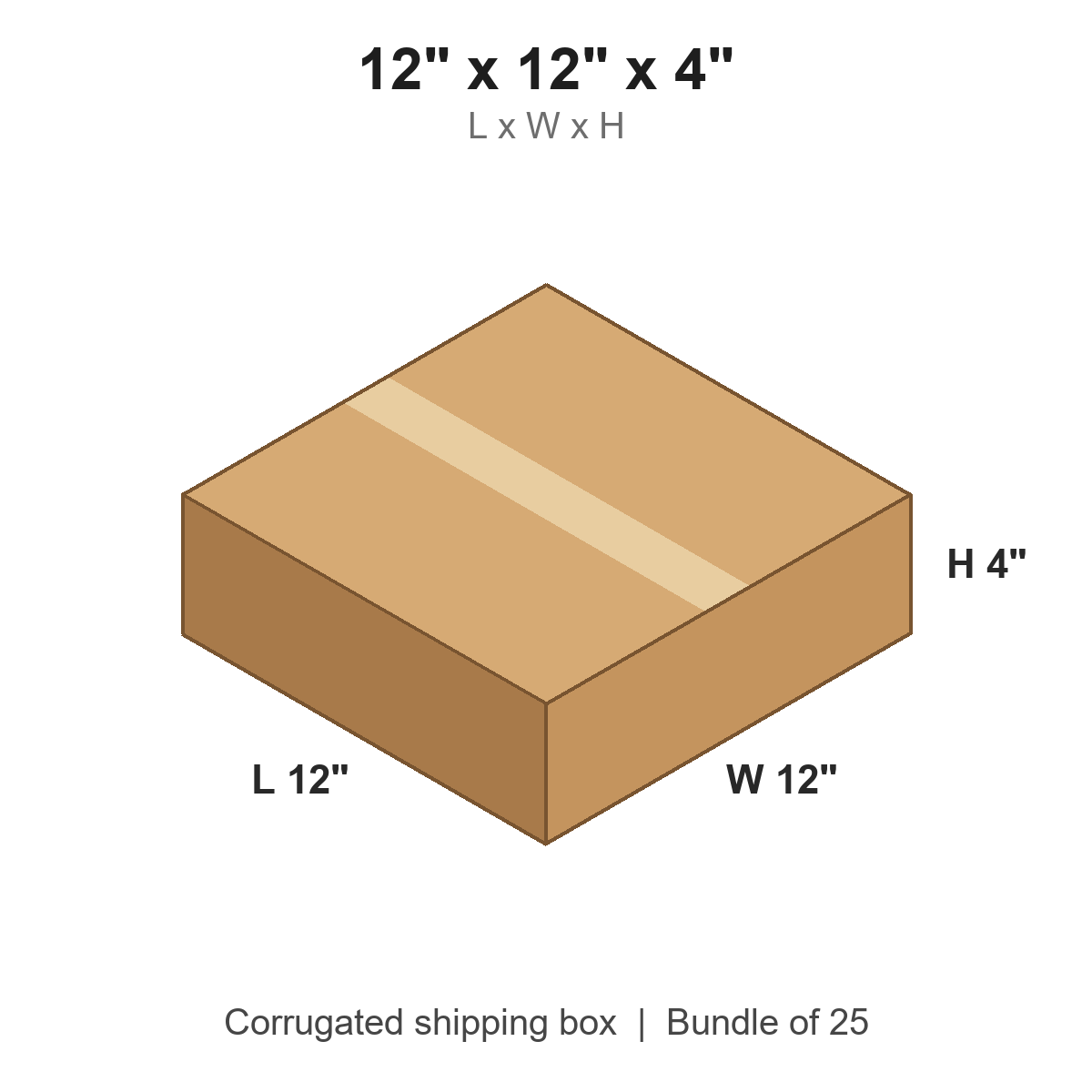 12x12x4 Flat Corrugated Shipping Boxes (12 x 12 x 4 in), Bundle of 25