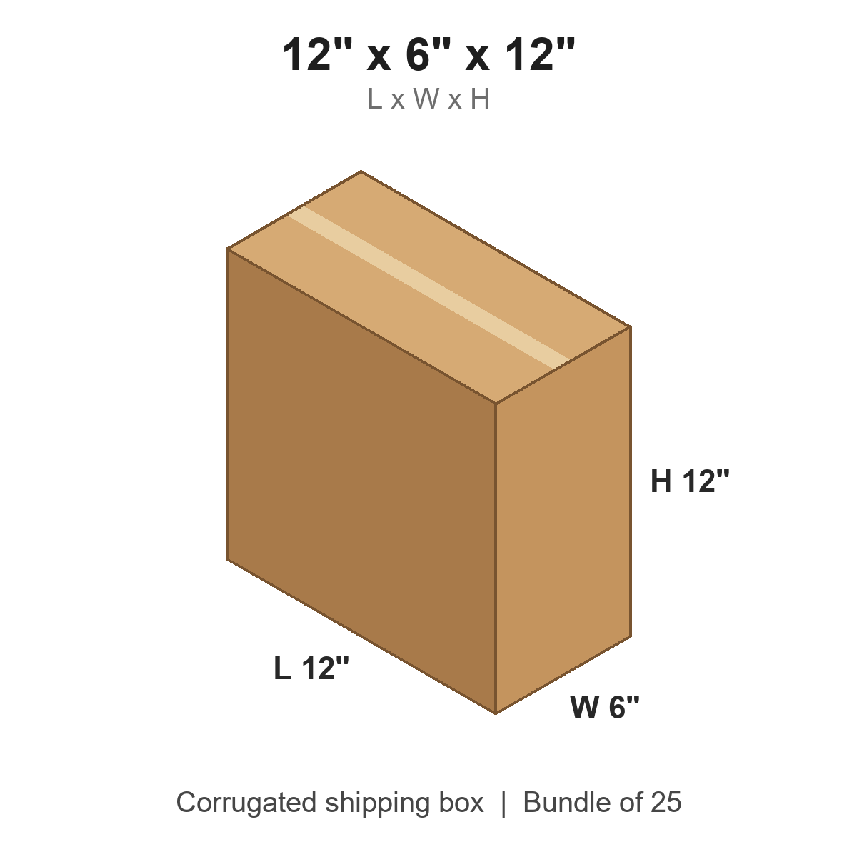 12x6x12 Corrugated Shipping Boxes (12 x 6 x 12 in), Bundle of 25