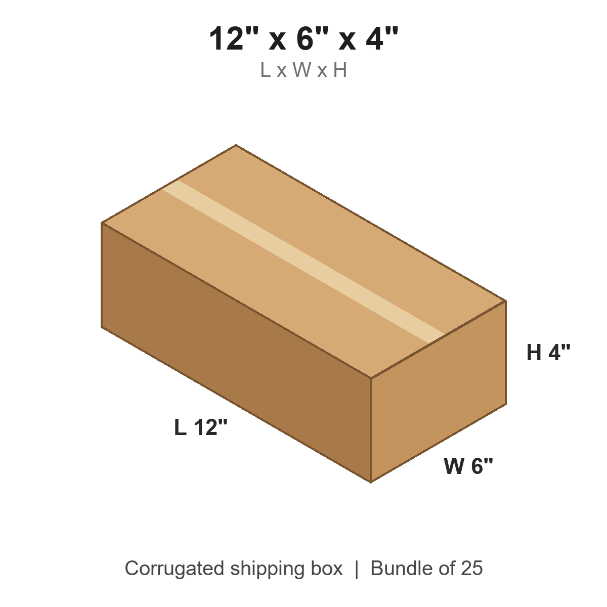 12x6x4 Long Corrugated Shipping Boxes (12 x 6 x 4 in), Bundle of 25