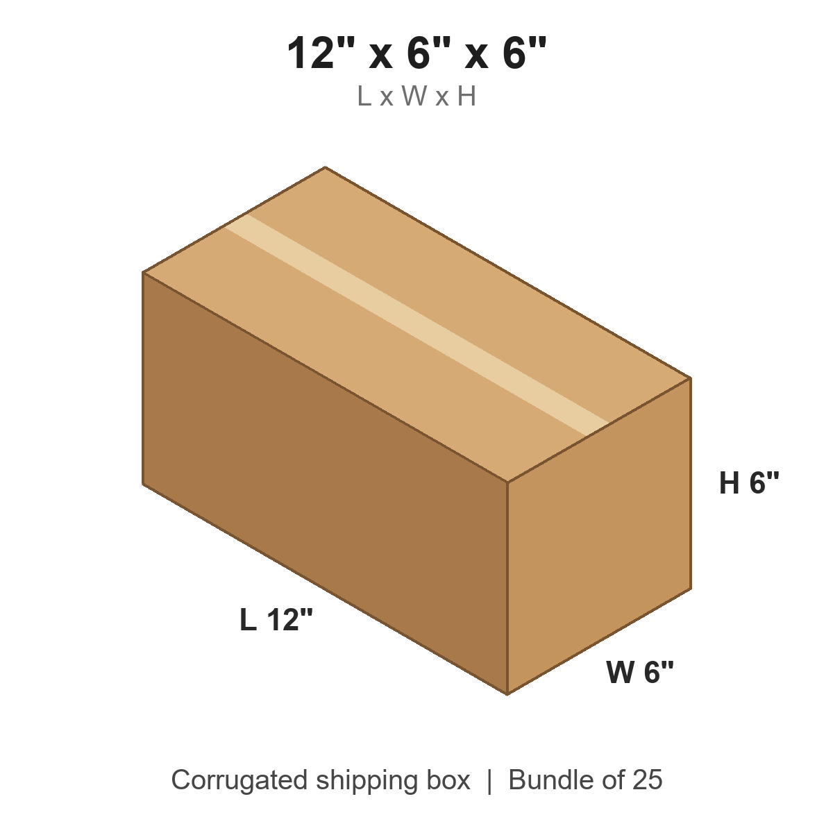 12x6x6 Long Corrugated Shipping Boxes (12 x 6 x 6 in), Bundle of 25