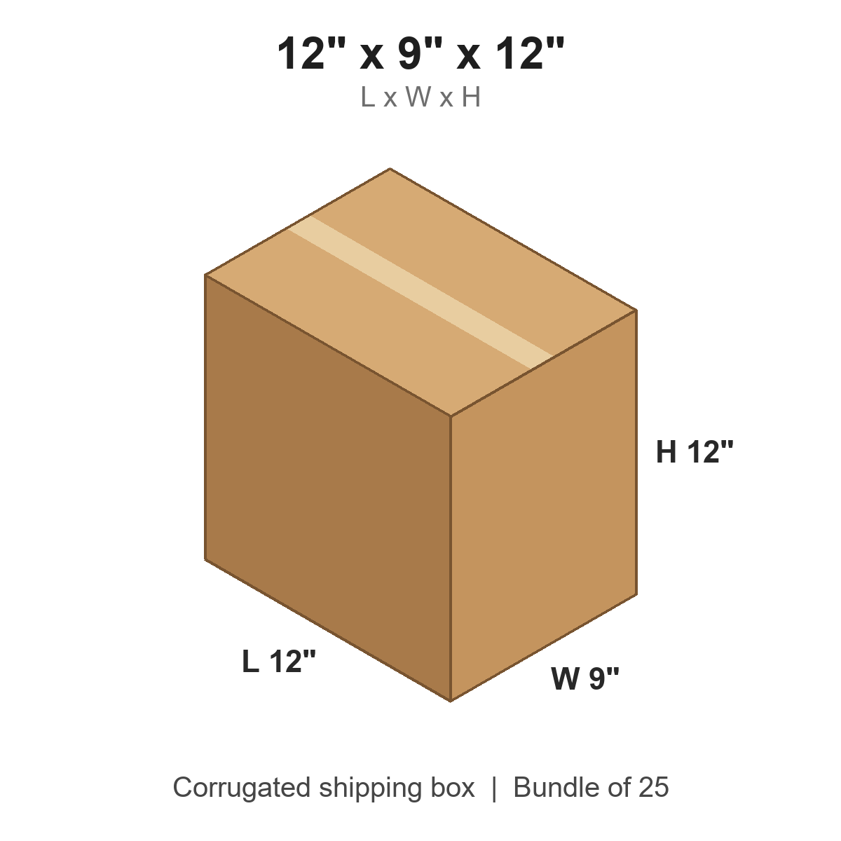 12x9x12 Corrugated Shipping Boxes (12 x 9 x 12 in), Bundle of 25