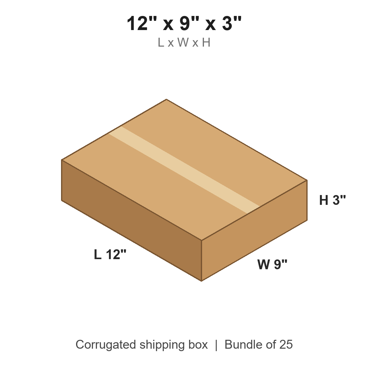 12x9x3 Flat Corrugated Shipping Boxes (12 x 9 x 3 in), Bundle of 25