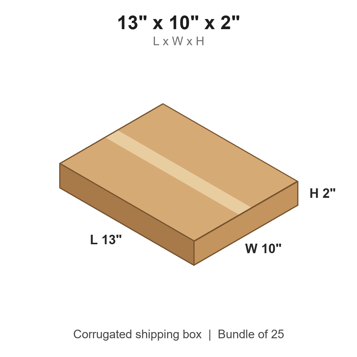 13x10x2 Flat Corrugated Shipping Boxes (13 x 10 x 2 in), Bundle of 25