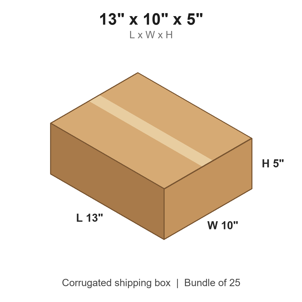 13x10x5 Flat Corrugated Shipping Boxes (13 x 10 x 5 in), Bundle of 25
