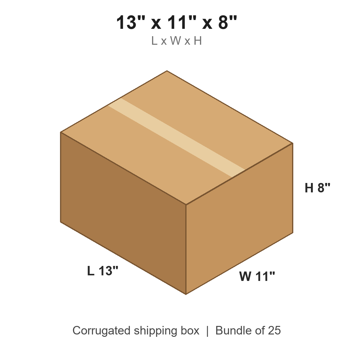 13x11x8 Corrugated Shipping Boxes (13 x 11 x 8 in), Bundle of 25