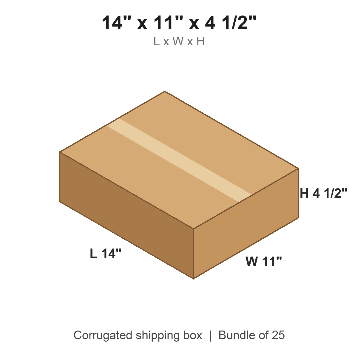 14x11x4.5 Flat Corrugated Shipping Boxes (14 x 11 x 4 1/2 in), Bundle of 25
