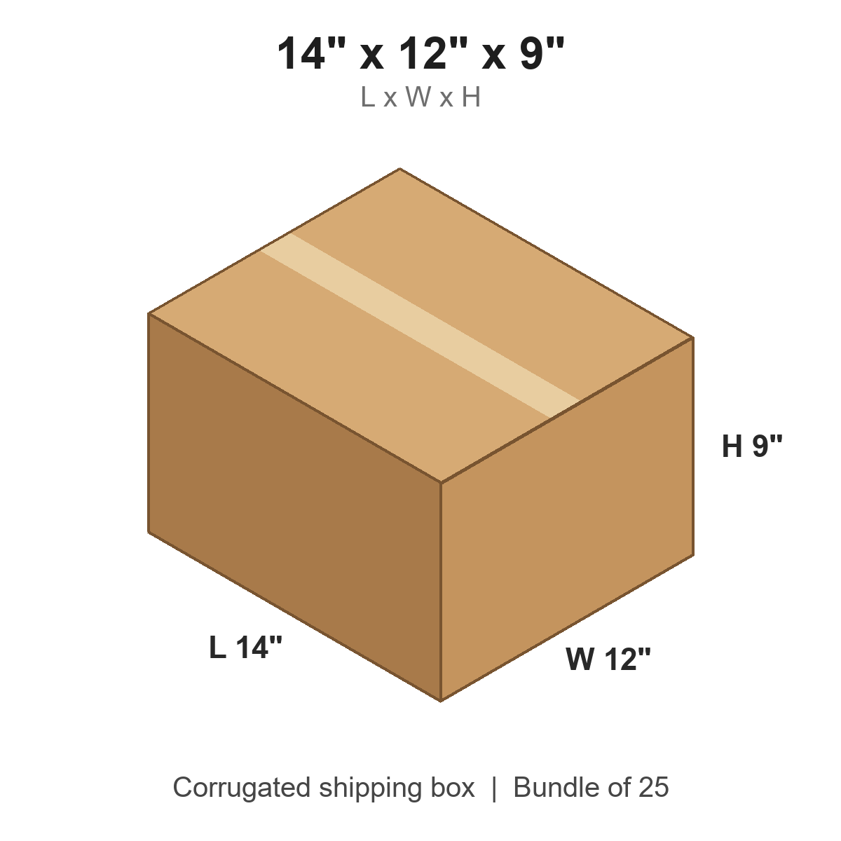 14x12x9 Corrugated Shipping Boxes (14 x 12 x 9 in), Bundle of 25